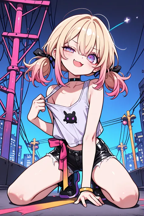 ((Masterpiece)), ((best quality, very aesthetic, absurdres, newest, detailed background, )), (8K), ((wide shot)), ((1girl)), (cute young girl), (Healthy Gaunt body, Textured skin, small chest, tilt head), Big eyes, ((pale purple eyes, gradient eyes, uneven...