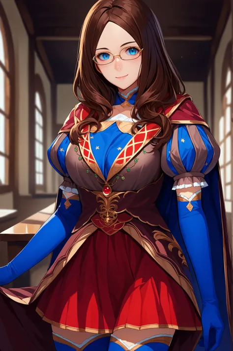 score_9, score_8_up, score_7_up, score_6_up, source_anime, 1girl, solo leodv, brown hair, long hair, parted bangs, blue eyes, glasses, brown dress, short puffy sleeves, red skirt, blue gloves, elbow gloves, blue thighhighs, cape, big breasts, looking at yo...