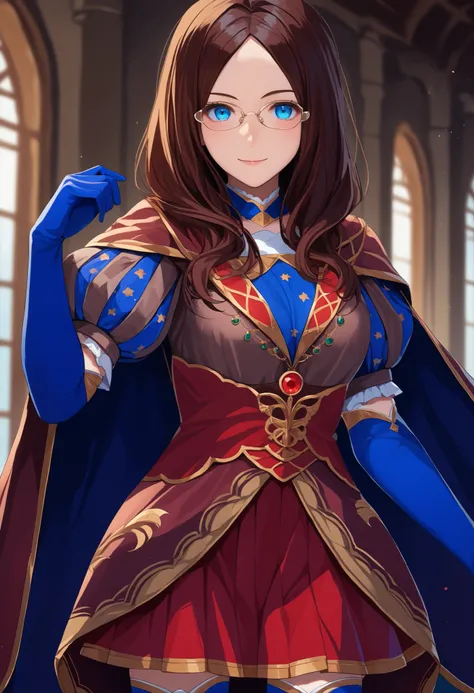 score_9, score_8_up, score_7_up, score_6_up, source_anime, 1girl, solo leodv, brown hair, long hair, parted bangs, Perfect Eyes, blue eyes, glasses, brown dress, short puffy sleeves, red skirt, blue gloves, elbow gloves, blue thighhighs, cape, big breasts,...