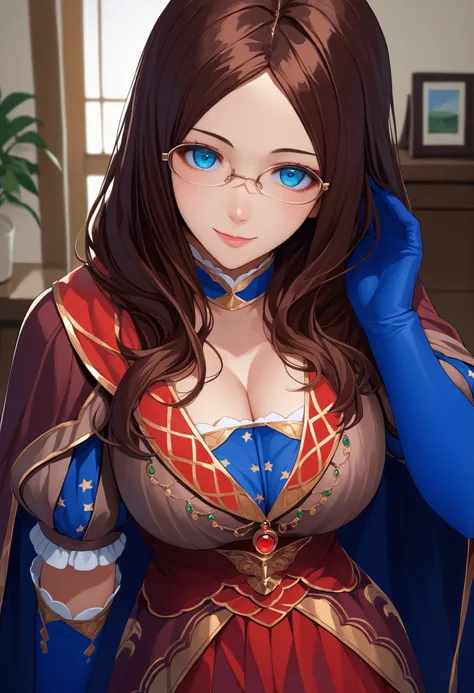 score_9, score_8_up, score_7_up, score_6_up, source_anime, 1girl, solo leodv, brown hair, long hair, parted bangs, Perfect Eyes, blue eyes, glasses, brown dress, short puffy sleeves, red skirt, blue gloves, cleavage,  elbow gloves, blue thighhighs, cape, b...