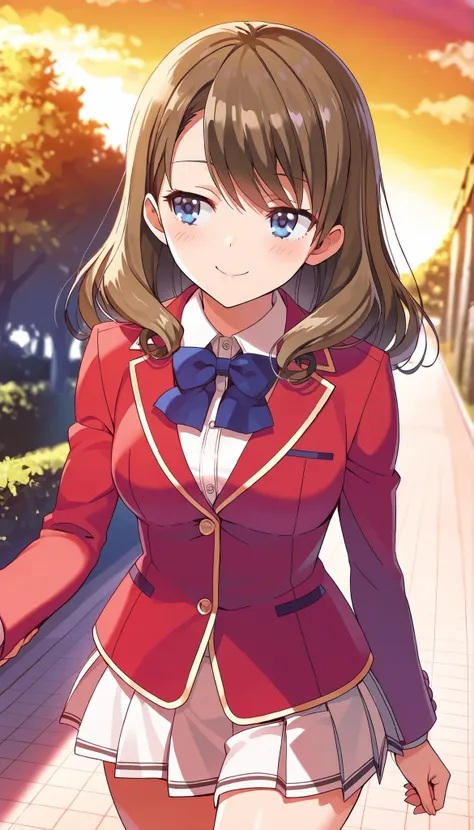 score_9,score_8_up,masterpiece,best quality,correct anatomy,anime_source,1girl,solo,,smile,blush,Sato Maya,long hair,curly hair,brown hair,bangs,blue eyes,glossy lips ,school uniform,red blazer(closed blazer ,buttoned blazer) ,blue bowtie,collared shirt,w...