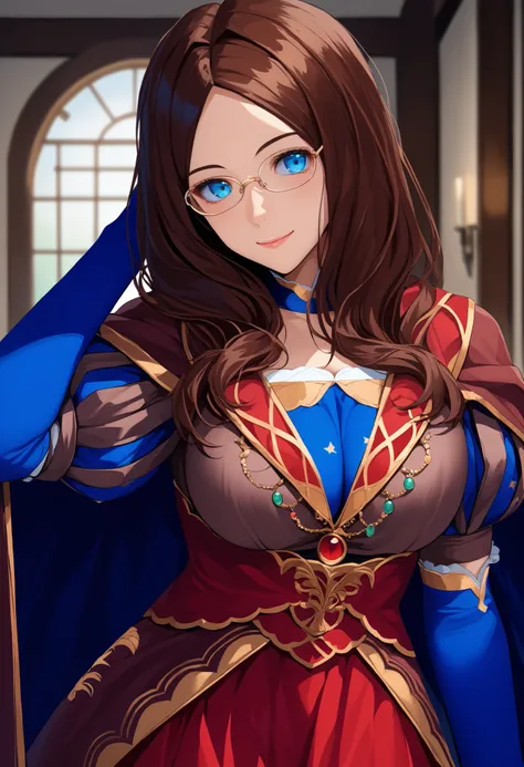 score_9, score_8_up, score_7_up, score_6_up, source_anime, 1girl, solo leodv, brown hair, long hair, parted bangs, Perfect Eyes, blue eyes, glasses, brown dress, short puffy sleeves, red skirt, blue gloves, cleavage,  elbow gloves, blue thighhighs, cape, b...