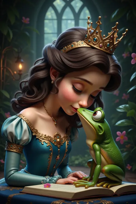 A princess kisses a frog to turn him into a prince. Ultra-realistic, hyperrealistic, photorealistic, Pixar UHD, attention to detail, cinematic photography, cinematic portrait, portrait photography,ethereal cinematography, realism ,best quality,award winni...