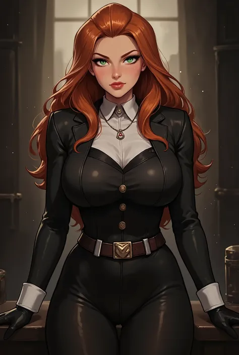 Female, green eyes, long ginger hair half of back, 1920's mob underboss
