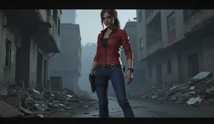 Resident Evil, Claire Redfield, big breasts, perfect breasts, perfect body, dilapidated city, Apocalyptic, dark alley background, high detail, masterpiece.