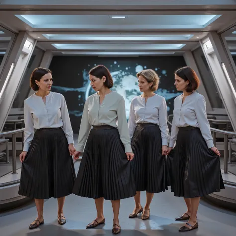 Inside a sleek, futuristic spaceship with soft ambient lighting, four demure, kind and compassionate mature ladies smile warmly, exuding empathy. They all wear long pleated skirts with very sharp and visible pleats, and low-heeled office shoes paired with...