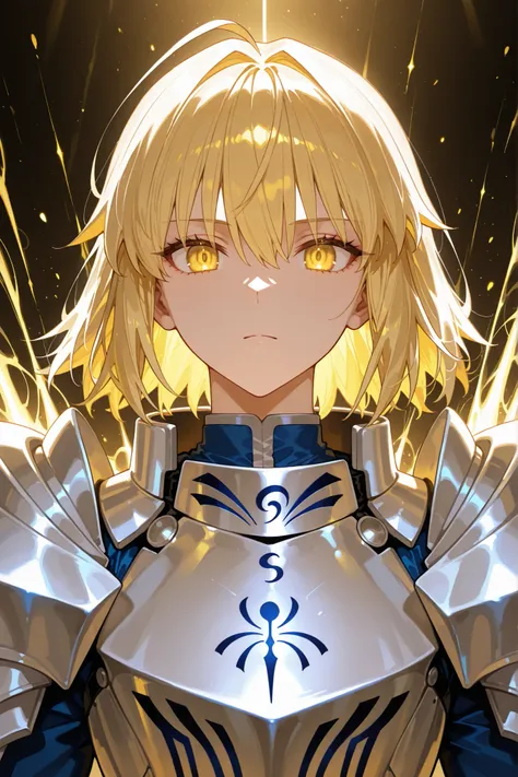 A woman alone, (Highest Quality,high resolution:1.2),Detailed upper body portrait,Dark and mysterious,《Fate/stay night》中的Artolia·潘德拉贡, Golden Eyes,short golden hair,distribution,armor,荆棘冠, moonlight background ,Dramatic Lights, sacred aura , Artolia, 黑红色a...