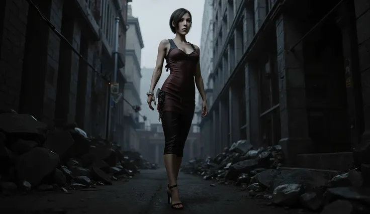 Resident Evil, Ada Wong, big breasts, perfect breasts, perfect body, dilapidated city, Apocalyptic, dark alley background, high detail, masterpiece.