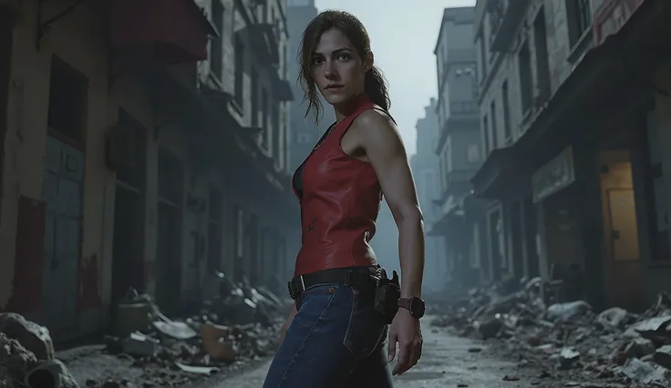 Resident Evil, Claire Redfield, big breasts, perfect breasts, perfect body, dilapidated city, Apocalyptic, dark alley background, high detail, masterpiece.