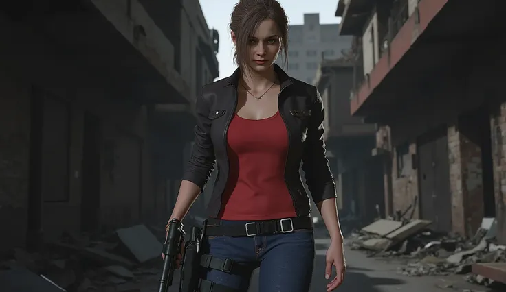 Resident Evil, Claire Redfield, big breasts, perfect breasts, perfect body, dilapidated city, Apocalyptic, dark alley background, high detail, masterpiece.