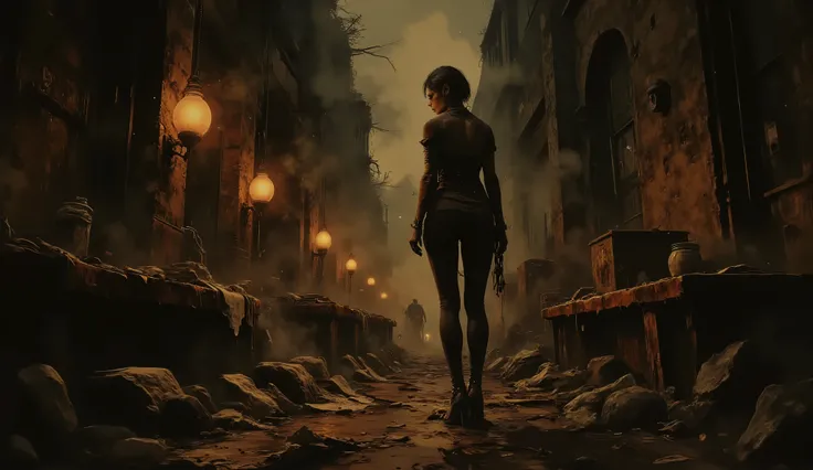 Resident Evil, Ada Wong, big breasts, perfect breasts, perfect body, dilapidated city, Apocalyptic, dark alley background, high detail, masterpiece.