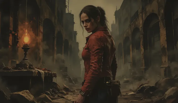 Resident Evil, Claire Redfield, big breasts, perfect breasts, perfect body, dilapidated city, Apocalyptic, dark alley background, high detail, masterpiece.