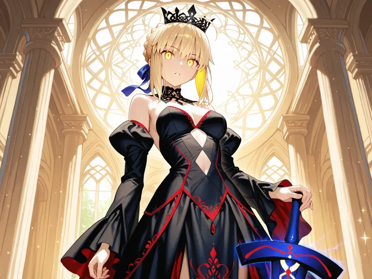 BEST QUALITY、Masterpiece、anime style、BEST QUALITY、high resolution、4K,Realism,1 girl, solo,A blonde woman in dark clothing, The flowing strapless dress tilts gracefully in a vivid saturated setting, Dominated by deep purples and black. Her costume is exqui...