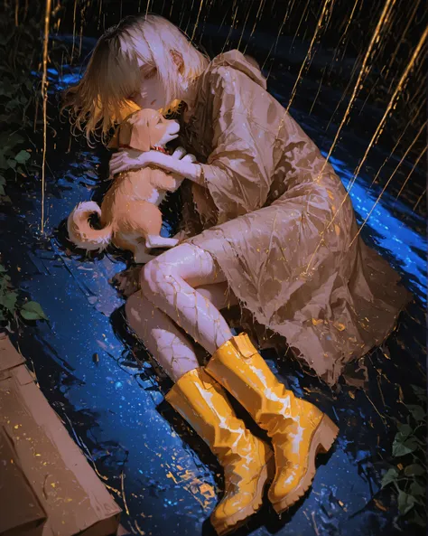 Masterpiece, side angle, natural lighting, night, perfect shadows, ray tracing, detailed image, perfect human anatomy, a small blind wearing very humble simple clothes, rags, yellow rain boots, uses a large piece of cardboard to protect a small caramel pu...