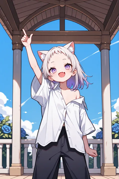 ((Masterpiece)), ((best quality, very aesthetic, absurdres, newest, detailed background, )), (8K), ((wide shot)), ((1girl)), (cute young girl), (Healthy Gaunt body, Textured skin, small chest, tilt head), (pale purple eyes, gradient eyes, upturned eyes), (...