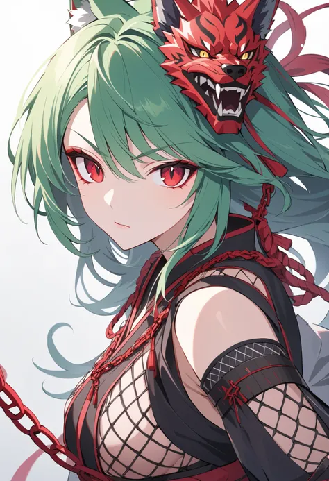 cartoon characters, Full Body, portrait, green wolf , I'm wearing a crimson chain, purple fishnet tights , Wear wooden clogs on your toes, clear red eyes give off an attractive glow, High Resolution Combative Adult Samurai,