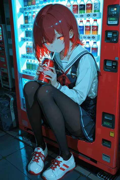 character with red hair sitting casually in front of the vending machine, drink canned drinks. quiet atmosphere , soft light illuminates, vending machine in the background. in the background Bottles filled with various drinks, ,Each vending machine has un...