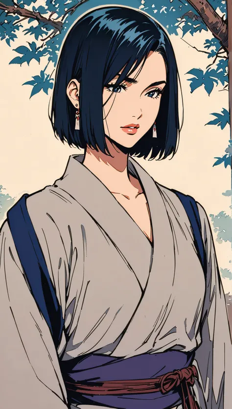 vintage movie, girl, short hair, ((navy hair)), straight hair, woman body, cute earrings, ((dressed like hyuuga neji from naruto)), dutch angle, hyuga clan, shinobi village, konohagakure, (((perfect lips))), perfect hair, looking down, shy, melancholic, ((...
