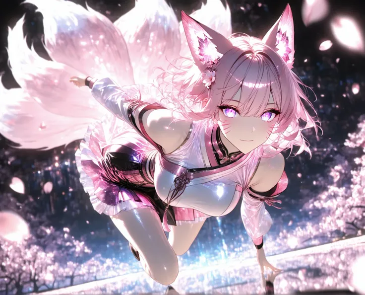1 girl, violet eyes, light pink hair, short hair, cool, beautiful, medium breast, very cute, lovely, kawaii,
Solo, full Body, (dynamic angle), hazy lights, subdued lighting, blurred figures, dark background , Sakura, (cherry blossoms), detailled dress, s...