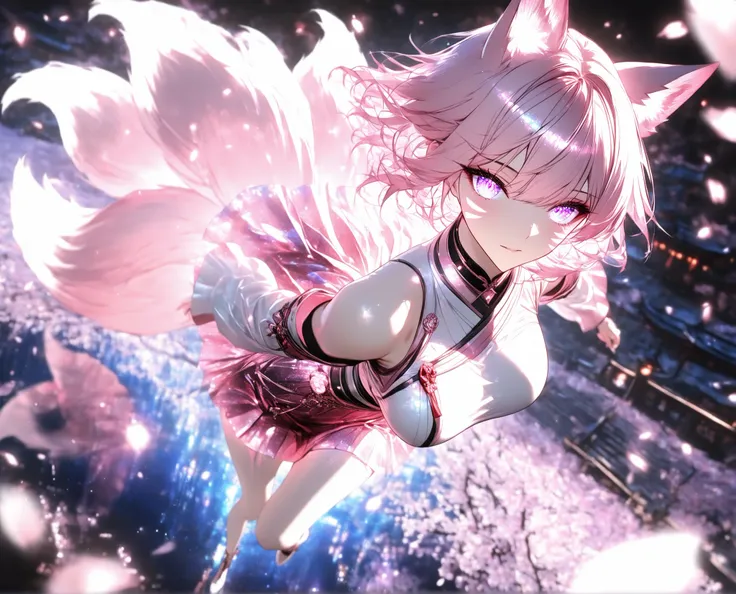 1 girl, violet eyes, light pink hair, short hair, cool, beautiful, medium breast, very cute, lovely, kawaii,
Solo, full Body, (dynamic angle), hazy lights, subdued lighting, blurred figures, dark background , Sakura, (cherry blossoms), detailled dress, s...