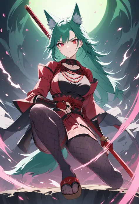 cartoon characters, Full Body, portrait, green wolf , I'm wearing a crimson chain, purple fishnet tights , Wear wooden clogs on your toes, with clear red eyes give off an attractive glow, High resolution combative female samurai, Adult,