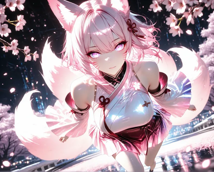 1 girl, violet eyes, light pink hair, short hair, cool, beautiful, medium breast, very cute, lovely, kawaii,
Solo, full Body, (dynamic angle), hazy lights, subdued lighting, blurred figures, dark background , Sakura, (cherry blossoms), detailled dress, s...
