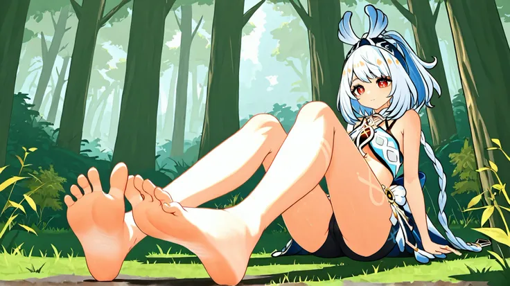 1 girl only, original, from the video game Genshin Impact, forest with its characteristic clothing, shows your bare feet, only his feet, (Focus on your anatomically correct feet)