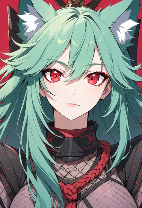 cartoon characters, Full Body, portrait, green wolf , I'm wearing a crimson chain, purple fishnet tights , Wear wooden clogs on your toes, with clear red eyes give off an attractive glow, High resolution combative adult female samurai,