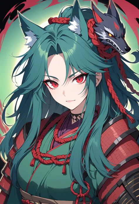 cartoon characters, Full Body, portrait, green wolf , I'm wearing a crimson chain, purple fishnet tights , Wear wooden clogs on your toes, with clear red eyes give off an attractive glow, High resolution combative adult female samurai,