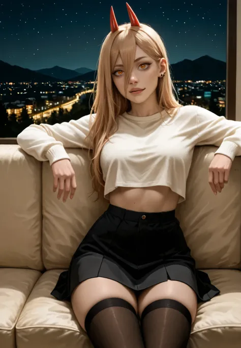 1girl, Power /(Chainsaw Man)/, crop top, piercings, thigh highs, skirt, sitting on a couch,sexy pose, alluring atmosphere, night time, mountain cottage, cinematic lighting, masterpiece,top quality,warm color,high resolution,high fashion,absurdres extremely...