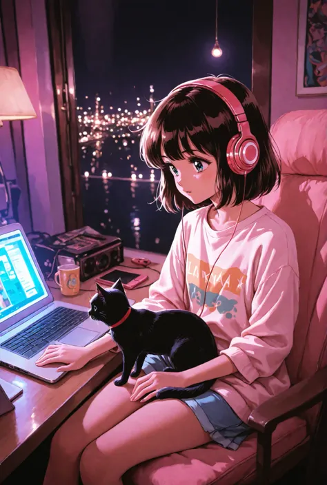 young girl sitting studying in a room with laptop listening to music with headphones, retro style room next to big sale where the stars and city lights relaxed lofi style a kitten trying to climb on her lap add a black kitten on her lap trying to climb
