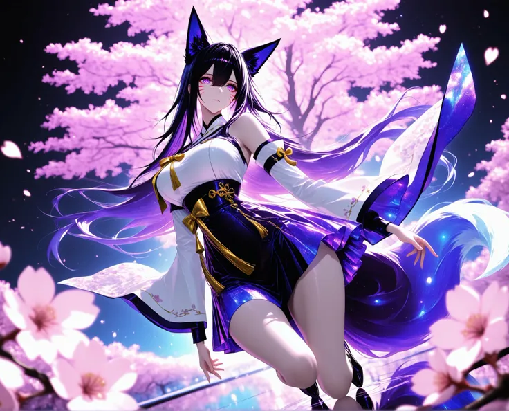 1 woman, sharp purple eyes , multicolored eyes , hair between eyes , long side bangs , black hair with fine purple strands , very long hair , medium breasts , cool, beautiful,
Solo, full Body, (dynamic angle), hazy lights, subdued lighting, blurred figur...