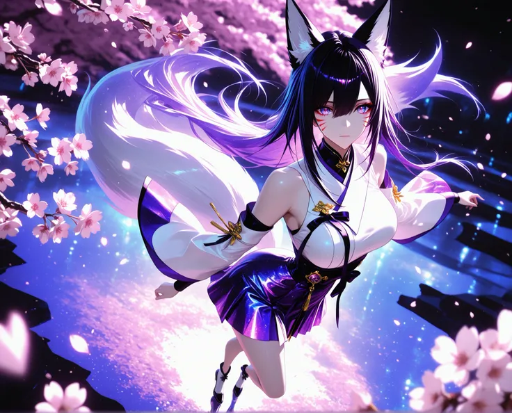 1 woman, sharp purple eyes , multicolored eyes , hair between eyes , long side bangs , black hair with fine purple strands , very long hair , medium breasts , cool, beautiful,
Solo, full Body, (dynamic angle), hazy lights, subdued lighting, blurred figur...