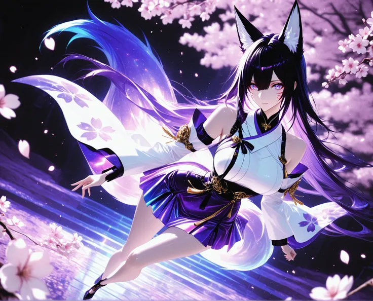 1 woman, sharp purple eyes , multicolored eyes , hair between eyes , long side bangs , black hair with fine purple strands , very long hair , medium breasts , cool, beautiful,
Solo, full Body, (dynamic angle), hazy lights, subdued lighting, blurred figur...