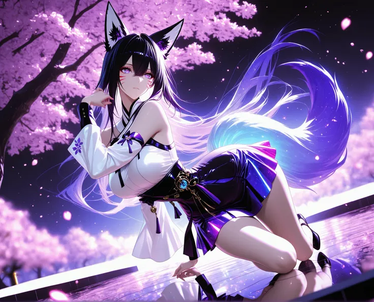 1 woman, sharp purple eyes , multicolored eyes , hair between eyes , long side bangs , black hair with fine purple strands , very long hair , medium breasts , cool, beautiful,
Solo, full Body, (dynamic angle), hazy lights, subdued lighting, blurred figur...