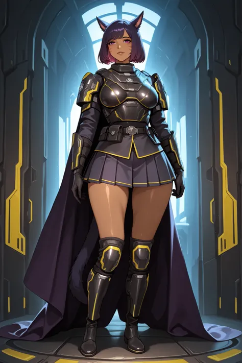 {{adult}}, 1girl, {{{{wide hips}}}}, {{{cat ears}}}, brown skin, 1girl, full body, solo female, mature female, beautiful girl,beautiful miqo'te face,anime eyes, soft lighting, detailed face , wavey hair,long flowing hair,pink highlights in hair, bob cut, {...