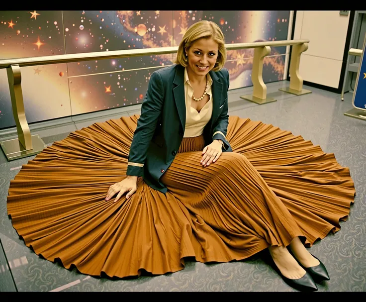 In an interstellar office adorned with vintage charm, a demure, mature therapist, dressed in a crisp uniform jacket and a blouse, reveals her alluring feminine grace. Her long, pleated skirt sweeps dramatically across the metallic floor, each fold a testam...