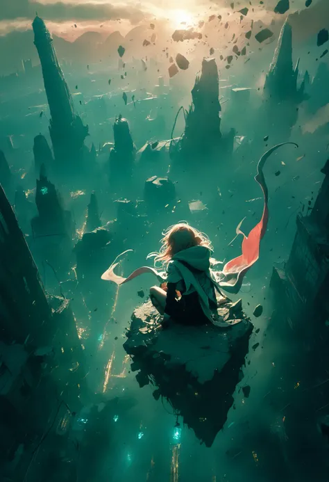 A girl,with legs hanging ,sitting on a ledge,height,Japanese city, street lamp ,((montruo flying en el cielo)),giant monster,Dragon gigante,alas,scales,(flying),( obra maestra, best quality), safe, bangs of incredible quality , very aesthetically pl...
