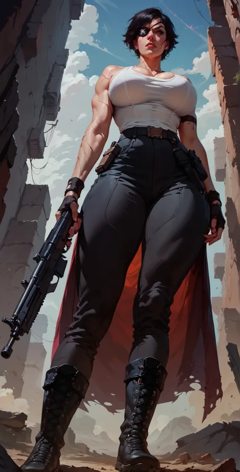 A low angle of a mature, tall, muscular female, with short dark hair, an eyepatch, and a scar on her face, she has broad shoulders, huge breasts, wide hips, a huge ass, thick legs, and is dresses in a white tank top, with (black military trousers), (boots)...