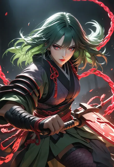 cartoon characters, Full Body, portrait, green wolf , I'm wearing a crimson chain,  purple fishnet tights , Wear wooden clogs on your toes, with clear red eyes give off an attractive glow, High resolution combative adult female samurai,  