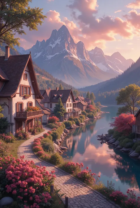 beautiful a small village by the river, mountains in the background, floral flowers colorful, detailed landscape, Beautiful natural landscapes, atmospheric lighting, scorching sunset, warm colours, practical, photopractical, Detailed Foliage, complex build...