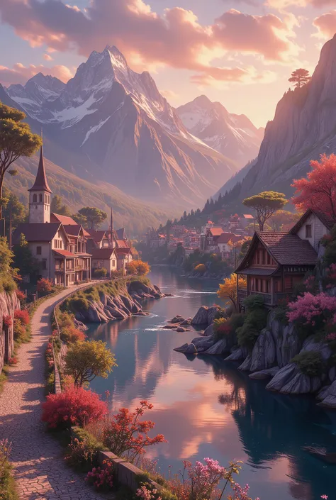 beautiful a small village by the river, mountains in the background, floral flowers colorful, detailed landscape, Beautiful natural landscapes, atmospheric lighting, scorching sunset, warm colours, practical, photopractical, Detailed Foliage, complex build...