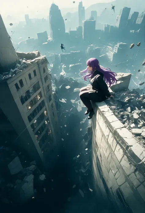 A girl,with legs hanging ,sitting on a ledge,height,Japanese city, street lamp ,((montruo flying en el cielo)),giant monster,Dragon gigante,alas,scales,(flying),(  obra maestra,   best quality), safe,  bangs of incredible quality ,    very aesthetically pl...