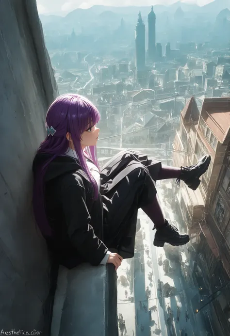 A girl,with legs hanging ,sitting on a ledge,height,Japanese city, street lamp ,((montruo flying en el cielo)),giant monster,Dragon gigante,alas,scales,(flying),(  obra maestra,   best quality), safe,  bangs of incredible quality ,    very aesthetically pl...