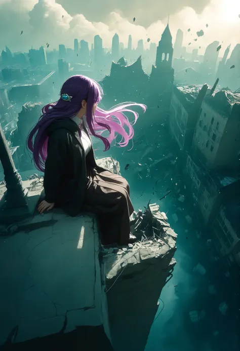 A girl,with legs hanging ,sitting on a ledge,height,Japanese city, street lamp ,((montruo flying en el cielo)),giant monster,Dragon gigante,alas,scales,(flying),(  obra maestra,   best quality), safe,  bangs of incredible quality ,    very aesthetically pl...