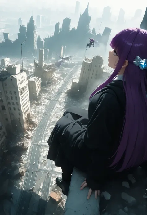 A girl,with legs hanging ,sitting on a ledge,height,Japanese city, street lamp ,((montruo flying en el cielo)),giant monster,Dragon gigante,alas,scales,(flying),(  obra maestra,   best quality), safe,  bangs of incredible quality ,    very aesthetically pl...
