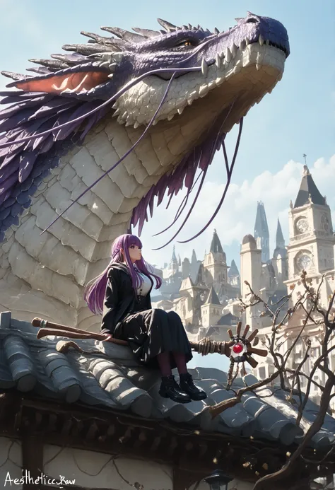 A girl,with legs hanging ,sitting on a ledge,height,Japanese city, street lamp ,((montruo flying en el cielo)),giant monster,Dragon gigante,alas,scales,(flying),(  obra maestra,   best quality), safe,  bangs of incredible quality ,    very aesthetically pl...