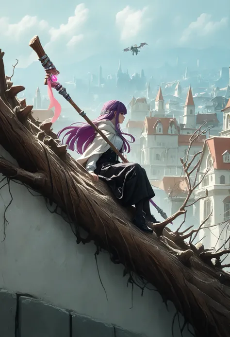 A girl,with legs hanging ,sitting on a ledge,height,Japanese city, street lamp ,,with her back((montruo flying en el cielo)),giant monster,Dragon gigante,alas,scales,(flying),(  obra maestra,   best quality), safe,  bangs of incredible quality ,    very ae...