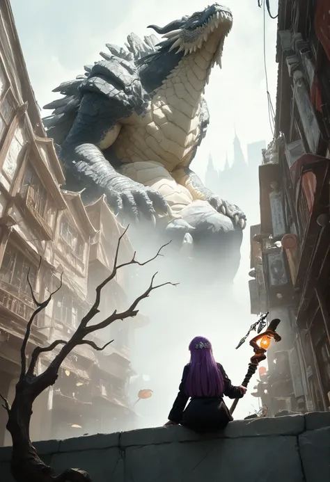 A girl,with legs hanging ,sitting on a ledge,height,Japanese city, street lamp ,,with her back((montruo flying en el cielo)),giant monster,Dragon gigante,alas,scales,(flying),( obra maestra, best quality), safe, bangs of incredible quality , very ae...