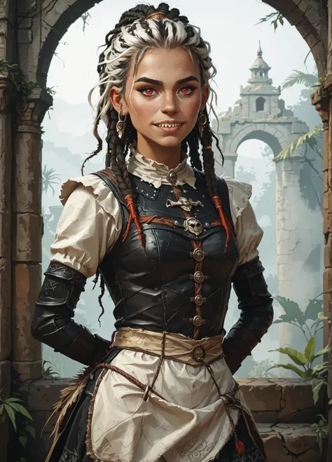 Slender body. White skin. Cute 18-year-old Aztec girl with Asian red eyes and unnaturally sharp teeth and dreadlocks with white highlights. She has a cute and beautiful face. She has a round and young face with a pointy chin. Her body is athletic with abs....